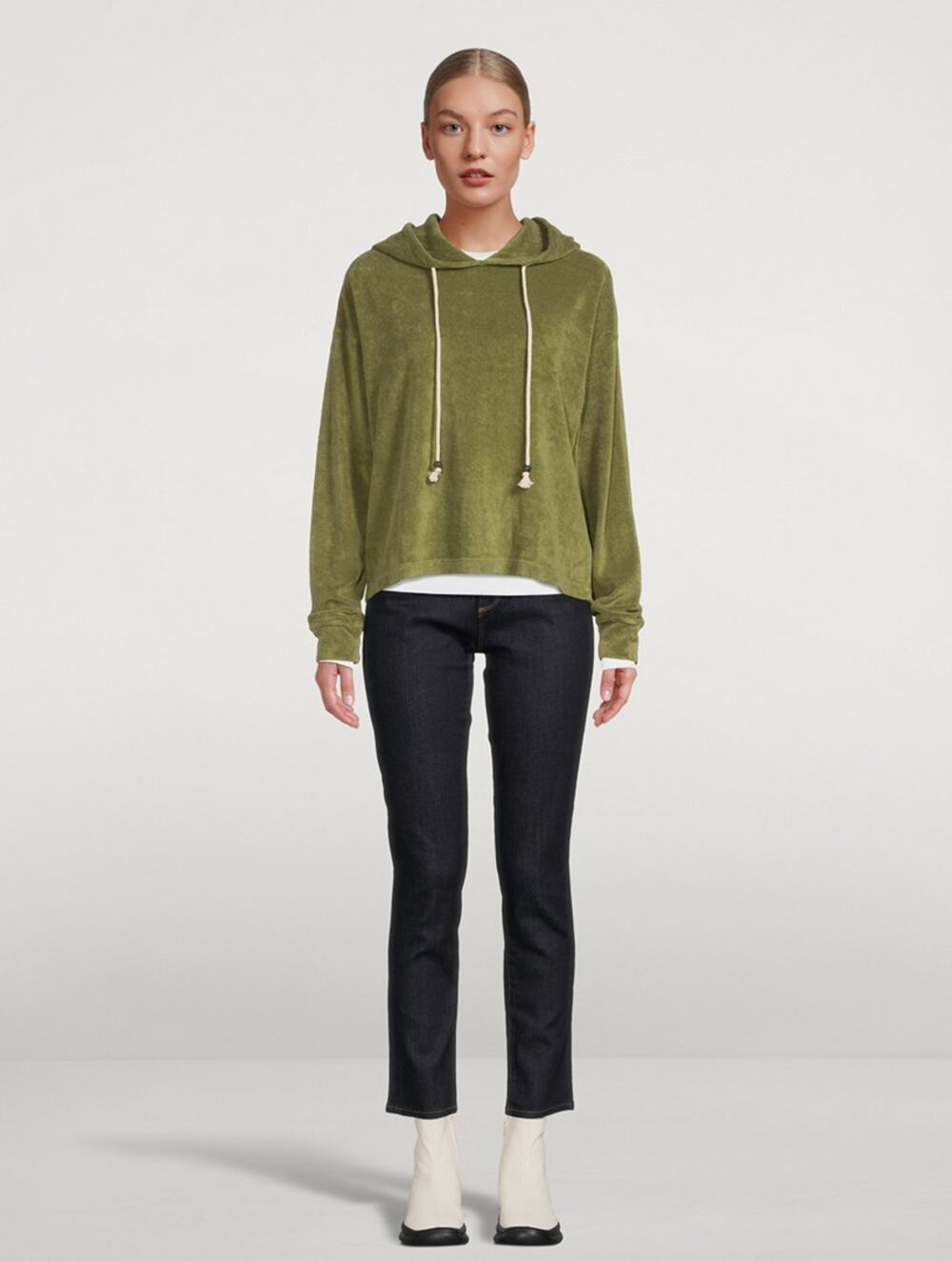Donni Terry Gem Hoodie Size Small Olive Green Cotton Long Sleeve Casual Pullover